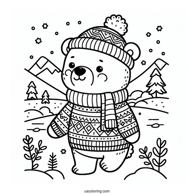 Polar Bear In A Sweater Going To The North Pole Coloring Page