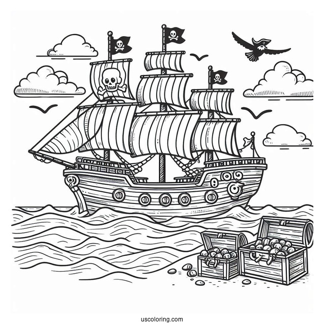 Simple Pirate Ship Coloring Page At Sea With Treasure Chests For Kids