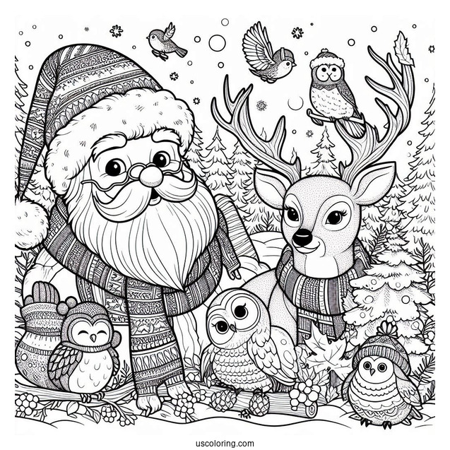 Christmas Coloring Pages For Adults Of Santa Claus Outdoors With Owls, Deer, Birds, And Squirrels