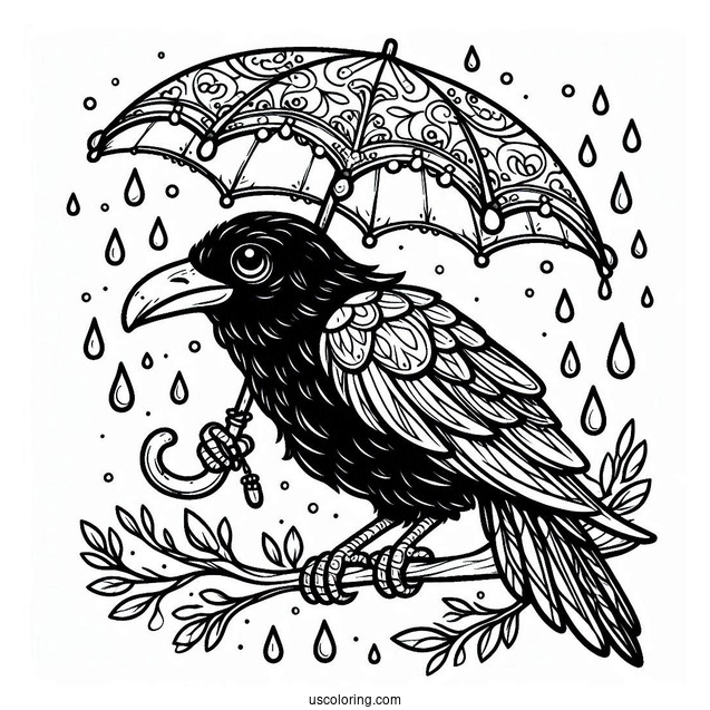 Raven Coloring Page Holding An Umbrella In The Rain