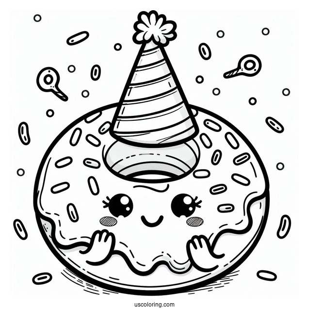 Donut Coloring Page Wearing A Birthday Hat In A Party