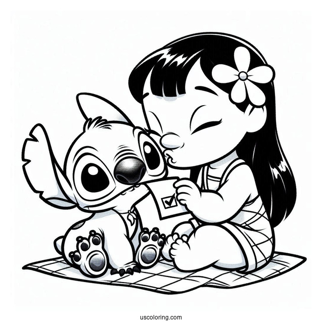 Lilo Kissing Stitch On The Check Coloring Page