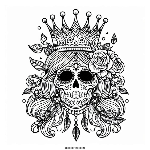 Majestic Sugar Skulls Coloring Page Wearing Crown