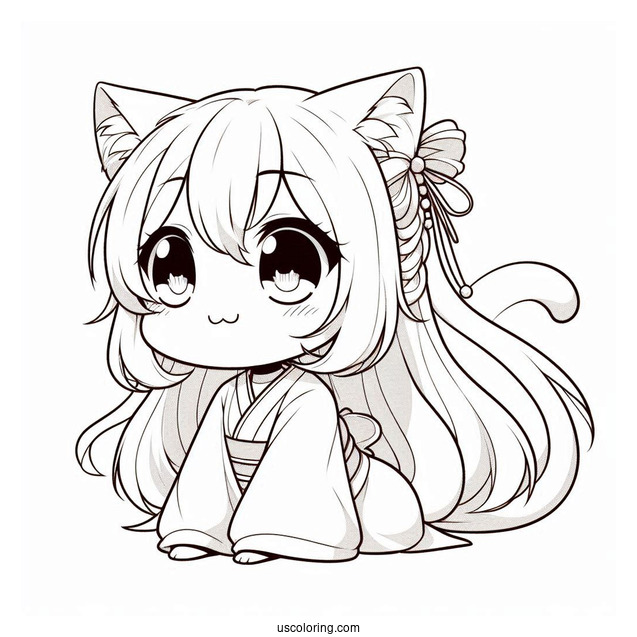 Cute Nezuko Coloring Page With Cat Ears And Tail
