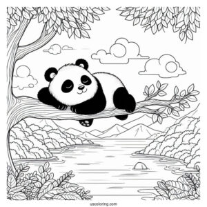 Peaceful Panda Coloring Page Sleeping on a Tree Branch Overlooking a Lake