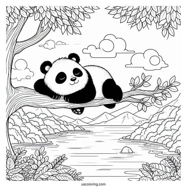 Peaceful Panda Coloring Page Sleeping on a Tree Branch Overlooking a Lake
