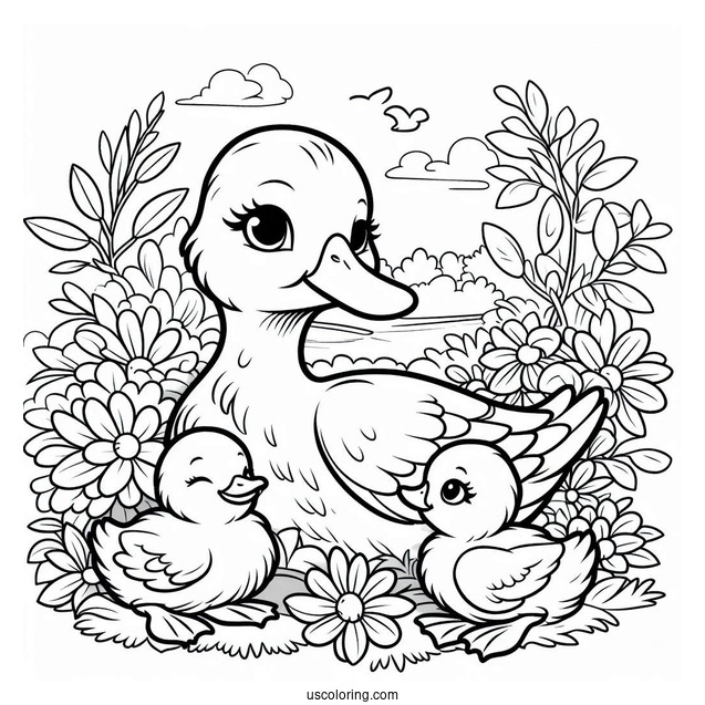 Duck Family Resting Near the Water Coloring Sheet