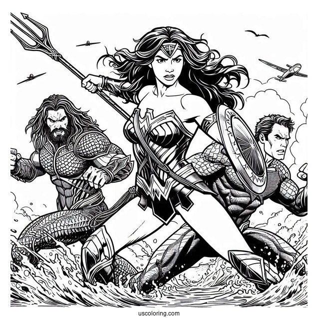 Wonder Woman Fighting Alongside Aquaman Coloring Page