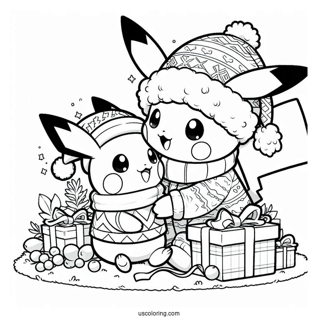 Pokemon Christmas Coloring Page Pikachu Giving Pichu A Present For Kids