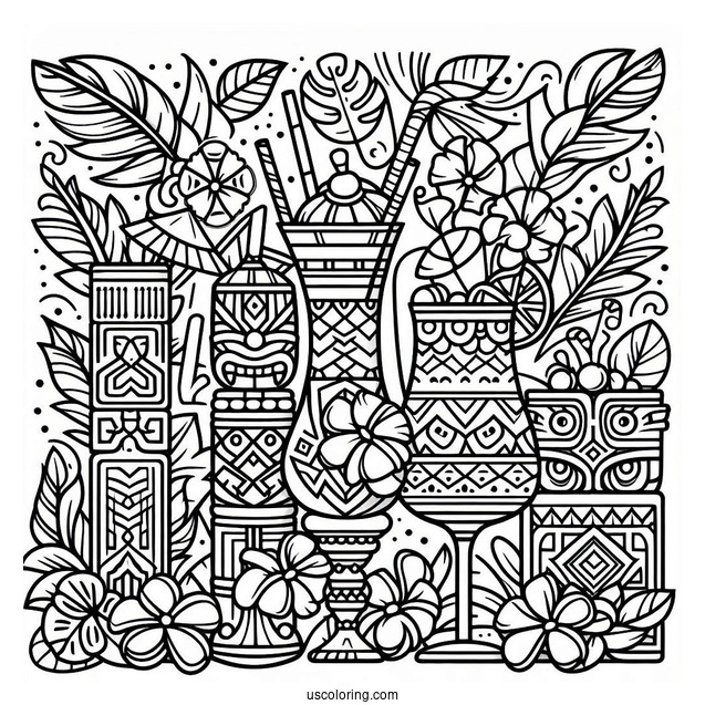 Hawaiian Tiki And Cocktails Pattern Coloring Page