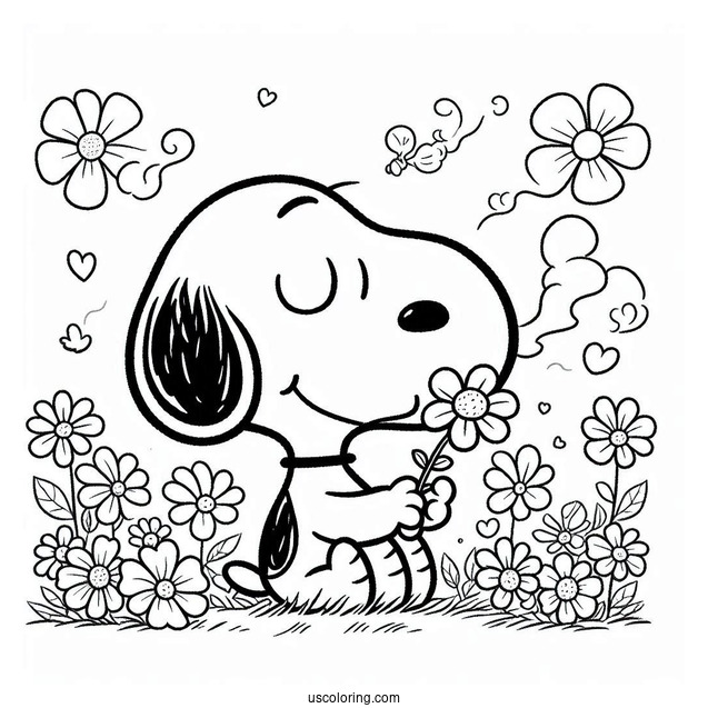 Snoopy Smelling Flowers To Color