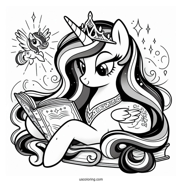 Princess Celestia Coloring Page Reading A Book With Twilight Sparkle