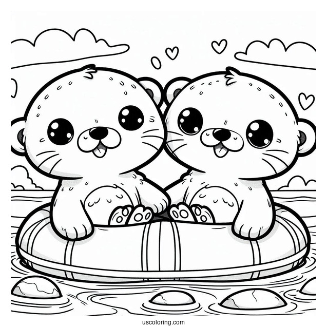 Kawaii Otter Coloring Page Holding Hands While Floating On River