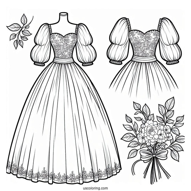 Dress Coloring Page Of Ball Gown With Sheer Puff Sleeves