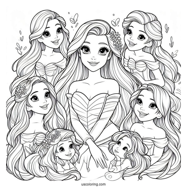 Coloring Page Of Ariel With Her Six Sisters