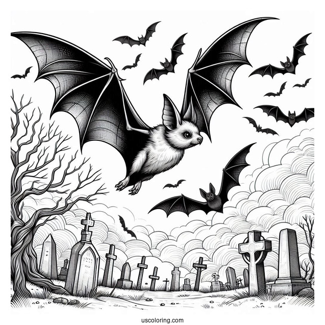Realistic Bats Coloring Page Flying In Cemetery