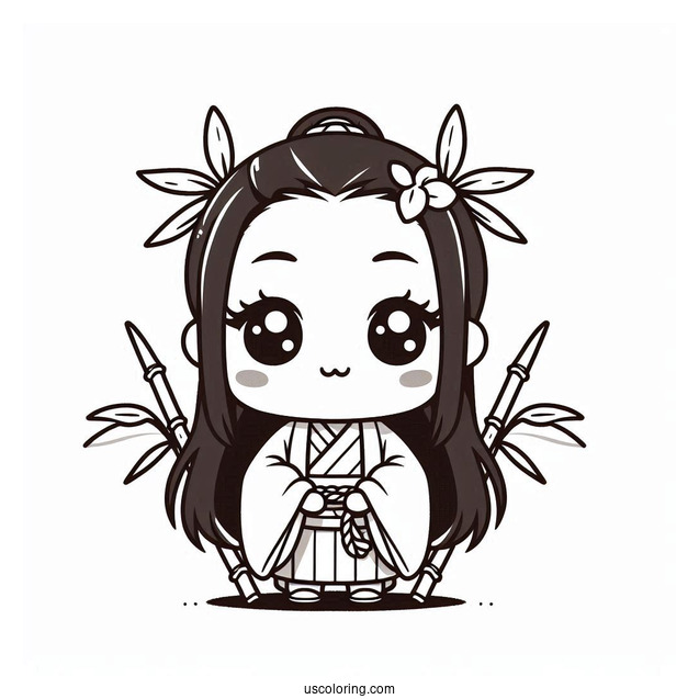 Kawaii Chibi Nezuko Coloring Page Wearing Bamboo