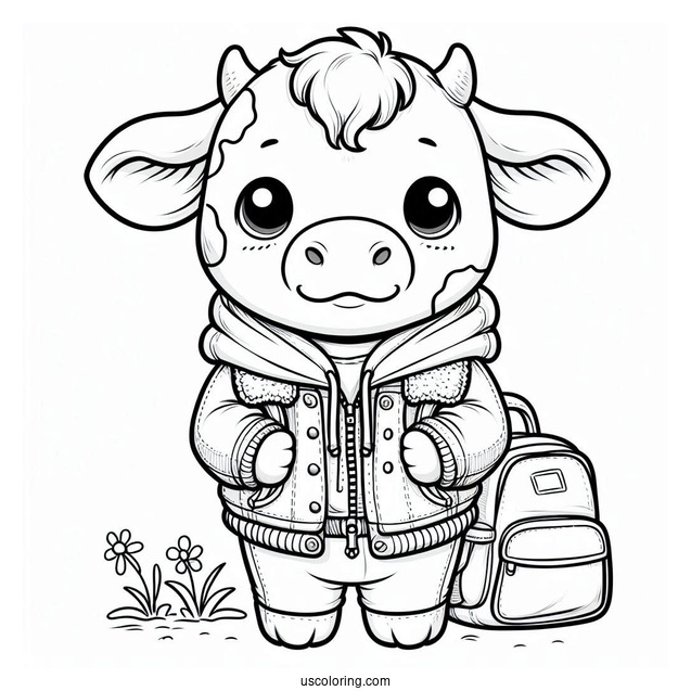 Cute Baby Cow Wearing A Jacket Coloring Pictute