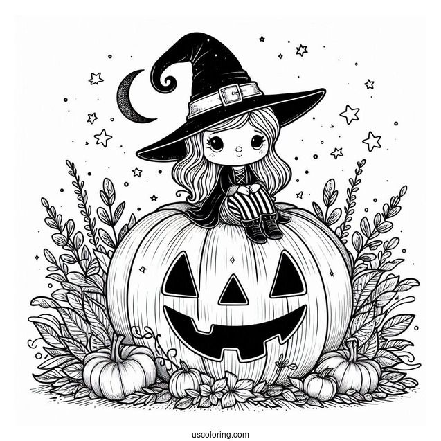 Pumpkin Coloring Page Witch Sitting On A Massive Jack O Lantern