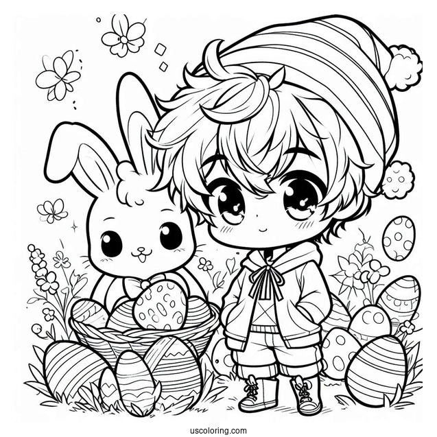 Easter Coloring Page Of Cute Anime Boy With Easter Bunny And Eggs For Kids