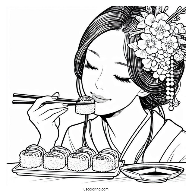 Japanese Women Eating Sushi Coloring Pages