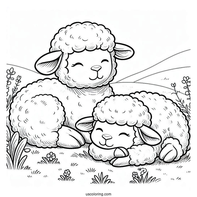 Two Cute Lambs Resting On Grass To Color