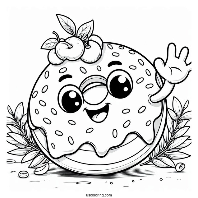Smiling Cartoon Donut Coloring Page Waving Hand For Kids