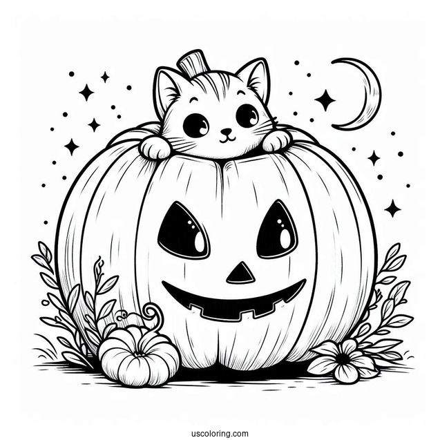 Pumpkin Coloring Page Of Cat Poking Head Out Of A Jack O Lantern