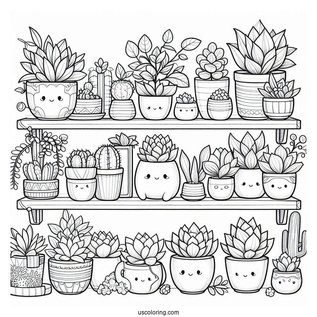 Shelves Full Of Cute Succulent Coloring Page