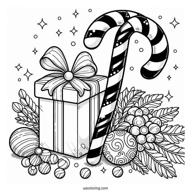 Large Candy Cane Coloring Page Beside A Christmas Present