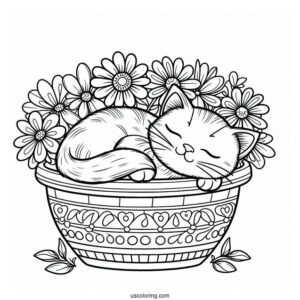 Cat Sleeping Inside Flower Pot Coloring Page