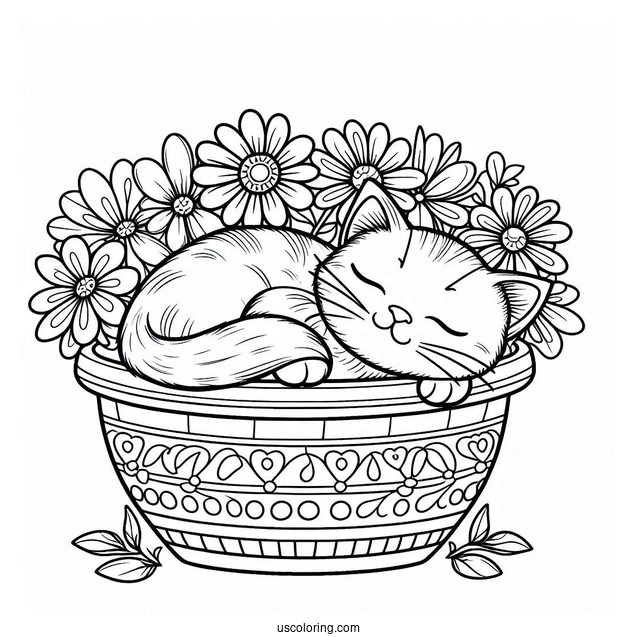 Cat Sleeping Inside Flower Pot Coloring Page