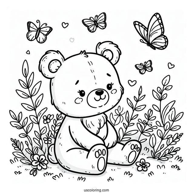 Cute Bear Coloring Page Sitting In Grass With Butterflies