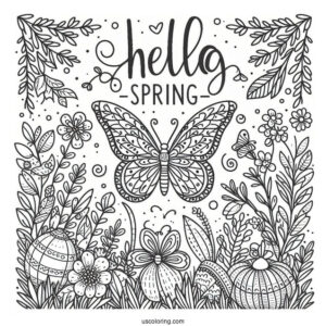 Festive Hello Spring Words With Butterfly In The Garden