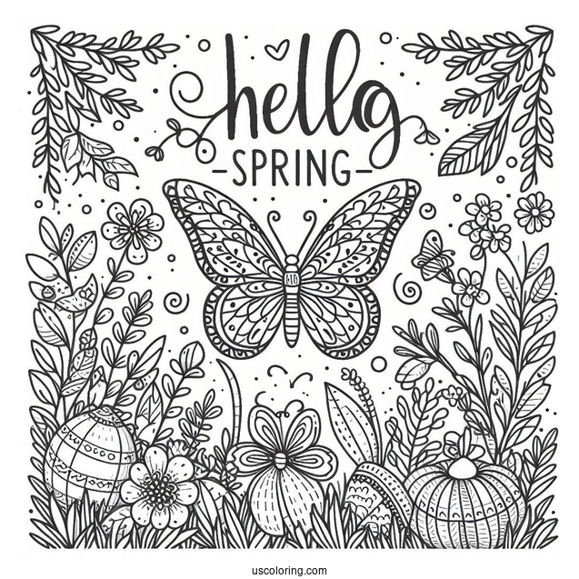 Festive Hello Spring Words With Butterfly In The Garden