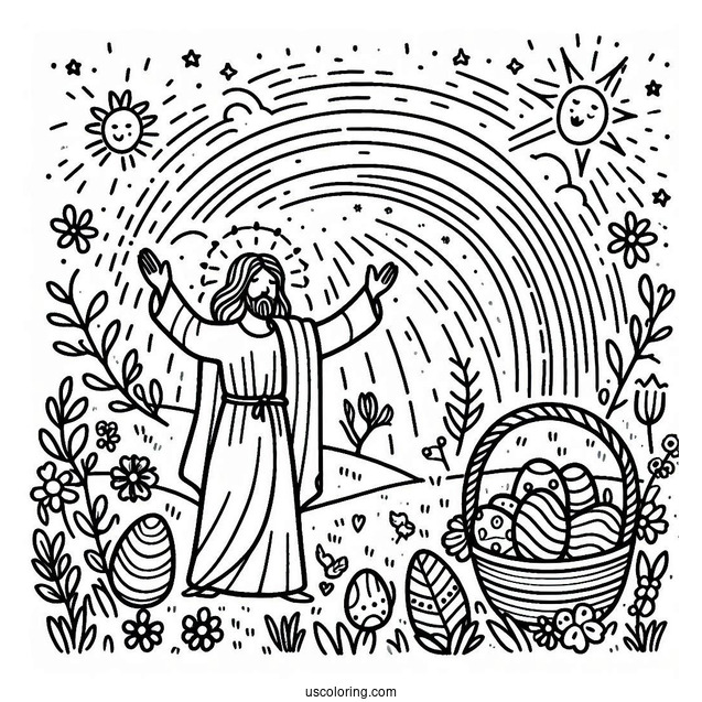 Easter Coloring Page Of He Is Risen With Rainbow For Kids