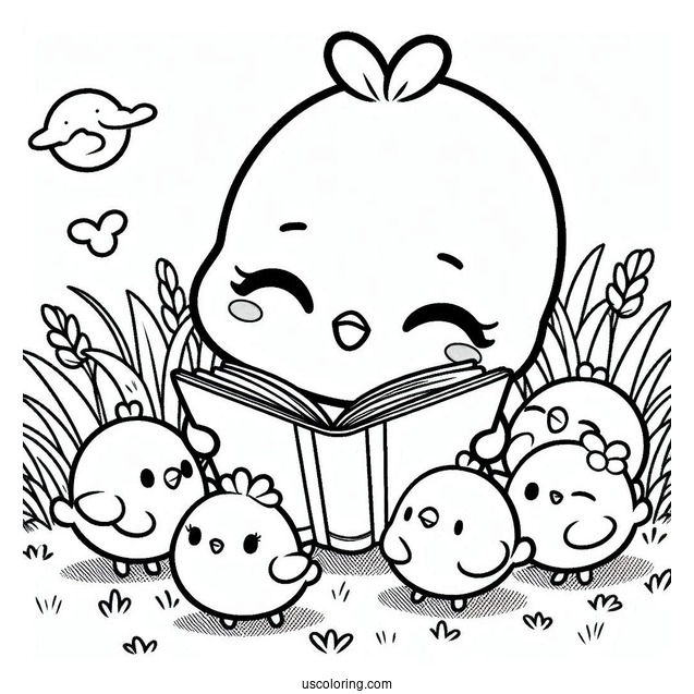 Pochacco Coloring Page Reading Book With Chicks In The Field