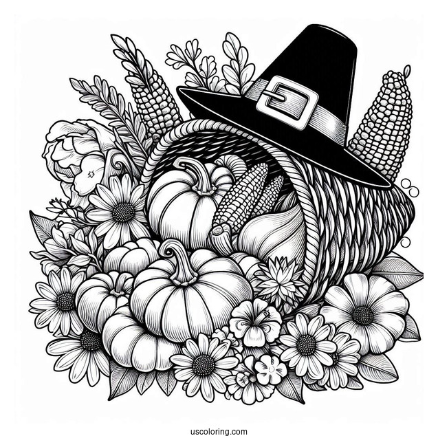Pilgrim Coloring Page Of Cornucopia Filled With Pumpkins, Flowers, And Other Harvest
