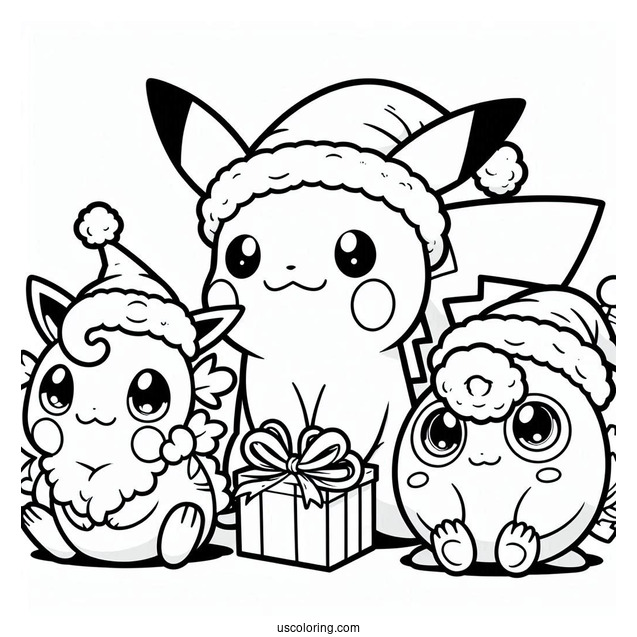 Pokemon Christmas Coloring Page Pikachu, Jigglypuff, Charmander, And Bulbasaur Wearing Santa Hat