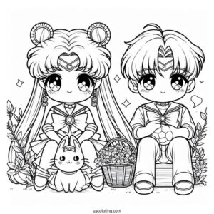 Kawaii Helios And Chibiusa Coloring In For Kids