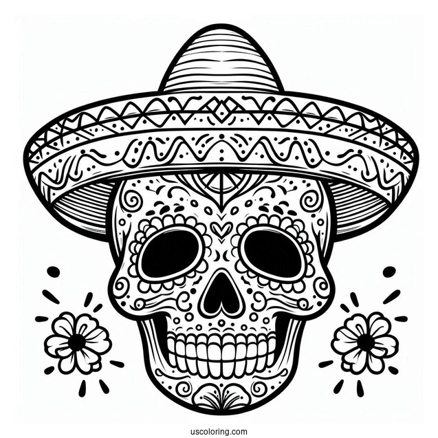 Grinning Sugar Skulls Coloring Page Wearing A Sombrero