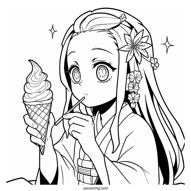 Modern Nezuko Coloring Page And Zenitsu Having Ice Cream