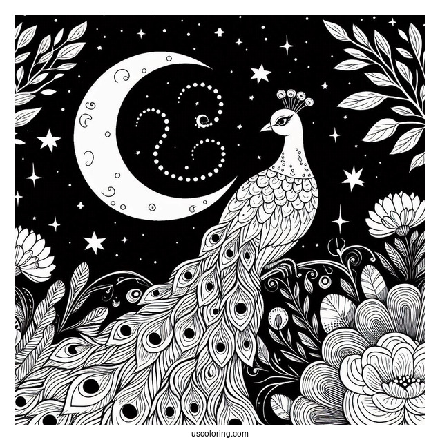 Peacock Coloring Page at Night with Crescent Moon and Stars