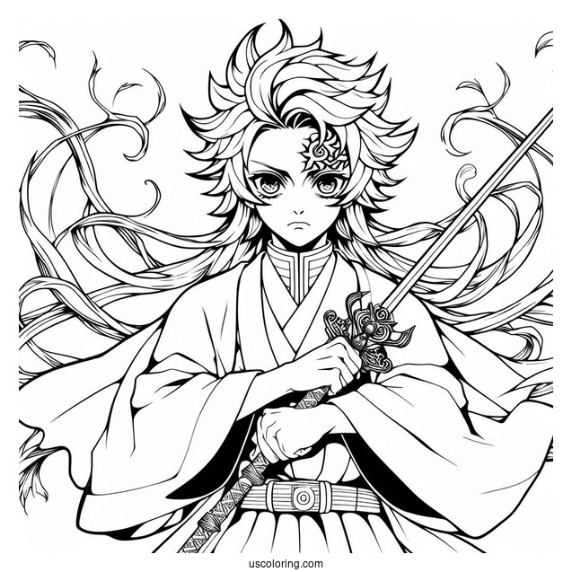Powerful Tanjiro Coloring Page Summoning Constant Flux With Nichirin Sword
