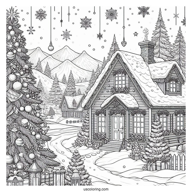 Christmas Coloring Pages For Adults Of Detailed Landscape Of Houses In Christmas Winter Wonderland