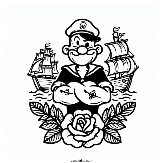 Popeye Coloring Page The Sailor Man Logo With Ship And Roses