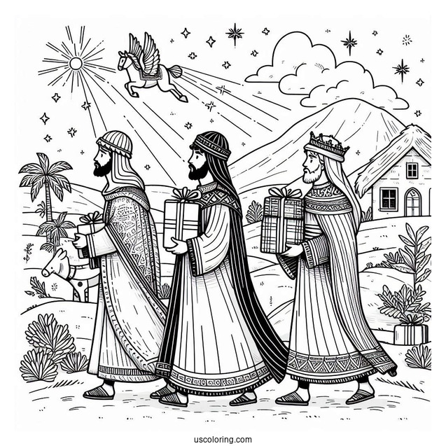 Nativity Coloring Page Of Three Kings Carrying Gifts For Jesus