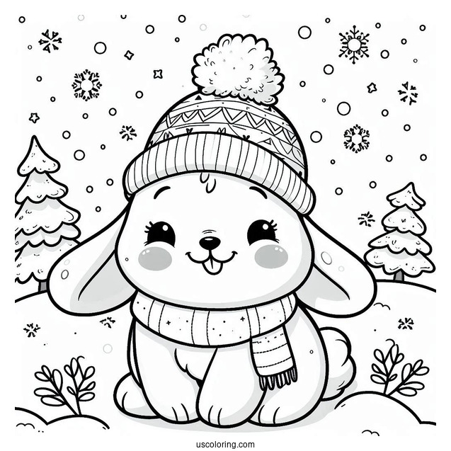 Smiling Rabbit Coloring Page In The Snow For Preschoolers