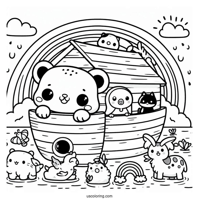 Kawaii Animals On Noah's Ark Coloring Page With Rainbow