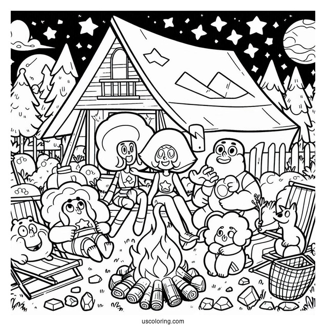Steven Universe Coloring Page Of Glamping With Peridot, Amethyst, Pearl, Connie, Bismuth, Lapis Lazuli, Ruby, And Sapphire